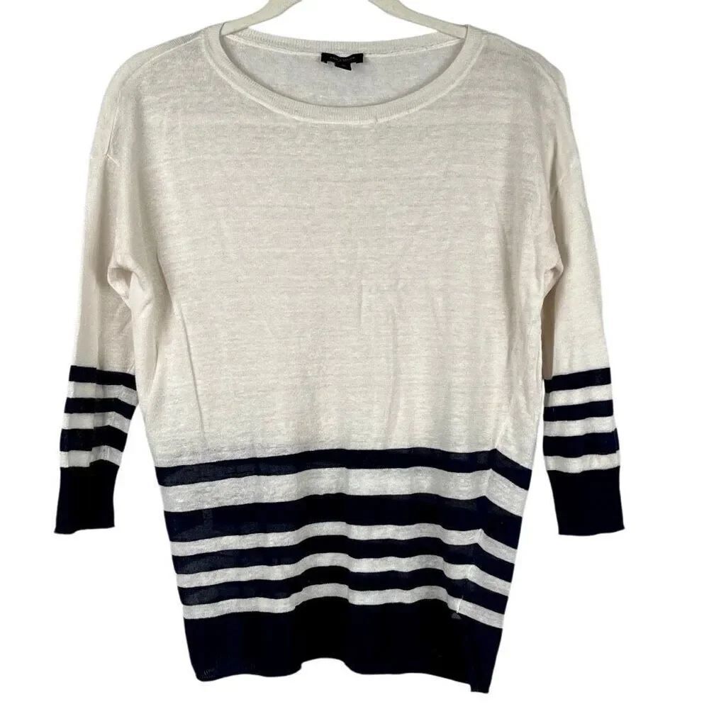 Ann Taylor Lightweight Pullover Ivory Navy Stripe 3/4 Sleeve Sweater Small